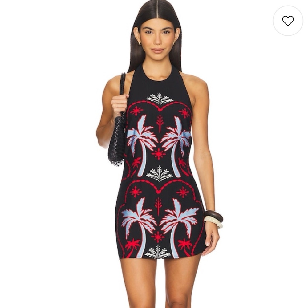 REVOLVE Black Halter Mini Dress with Red & Light Blue Palm Print